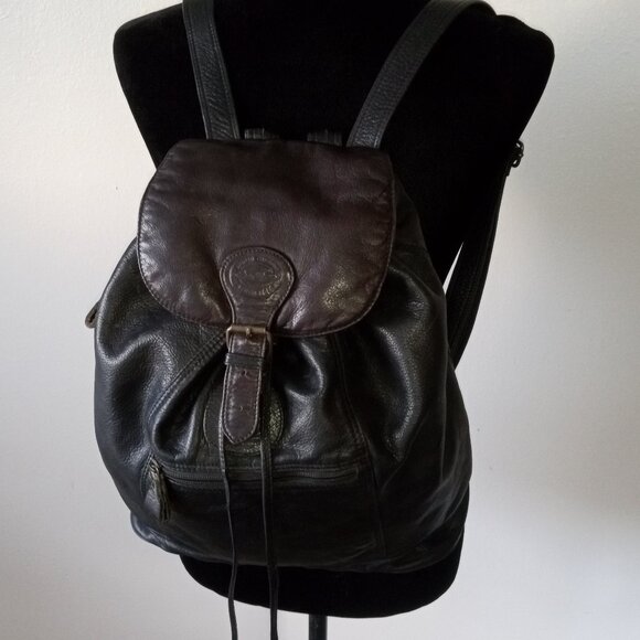 EDDIE BAUER Vintage Leather Drawstring Daypack RESTORED Vintage Eddie Bauer Backpack Navy Blue Leather Bottom 80s  main image 2